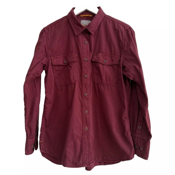 Ariat Rebar Women Medium Western Cowboy Burgundy Button Down LS Shirt Embroidery - Picture 1 of 13